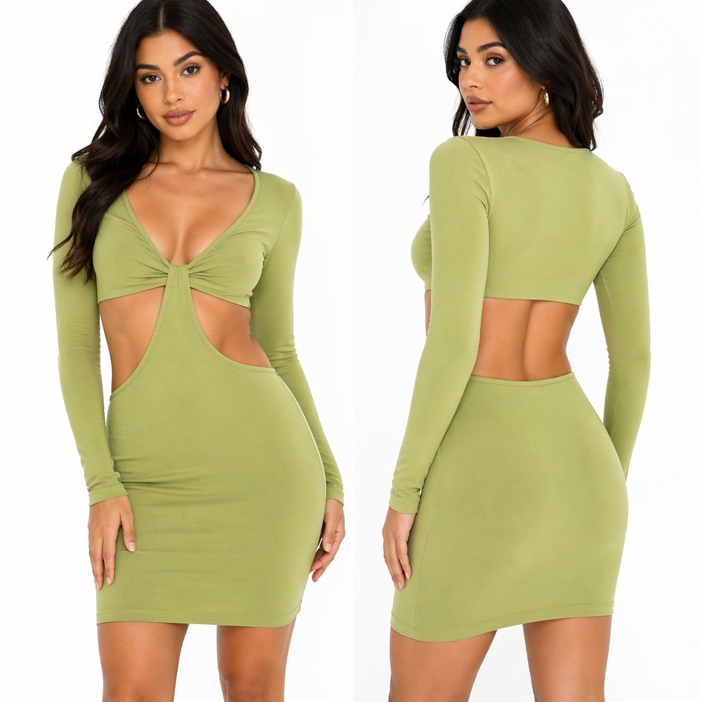 NWT Kittenish Knotted Cutout Ribbed Mini Dress Lime Green Party Bodycon Size M